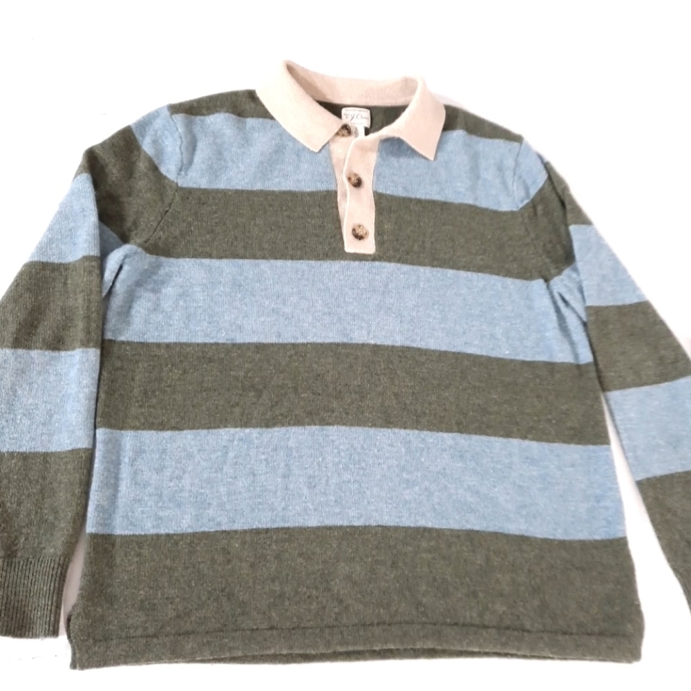J. Crew Olive Green and Light Blue Striped Rugby Sweater with Cream Collar - Picture 2 of 5